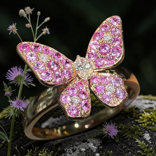 Butterfly-shaped ring with pink gemstones on a natural background